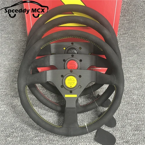 Volante de cuero de ante Mo estilo italiano, volantes planos deportivos Drift de 14 pulgadas, 350mm, V1, punto negro, rojo y amarillo