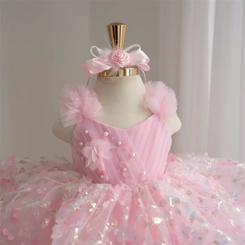Sparkle Baby Kids Princess Sequined Lace Bow Flower Girl Dresses First Communion Dresses Birthday Gift Wedding Party