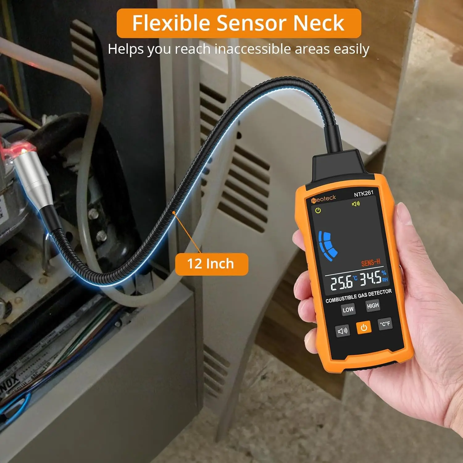 كاشف تسرب الغاز Neoteck، 12 معقوفة، إنذار مسموع ومرئي، اختبارات الميثان/البروبان/البنزين/الغاز الطبيعي، لخطوط الأنابيب/المواقد
