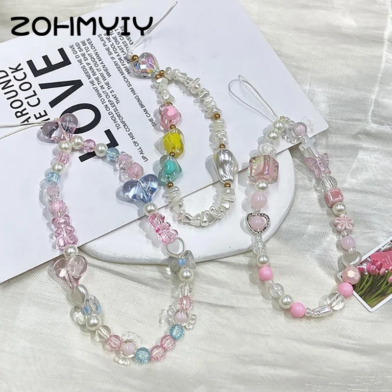 Korean Cute Charm Pink Butterfly Love Heart Phone Chain For IPhone Girl Women Jewelry Strap Beaded Lanyard Hanging Cord Bracelet