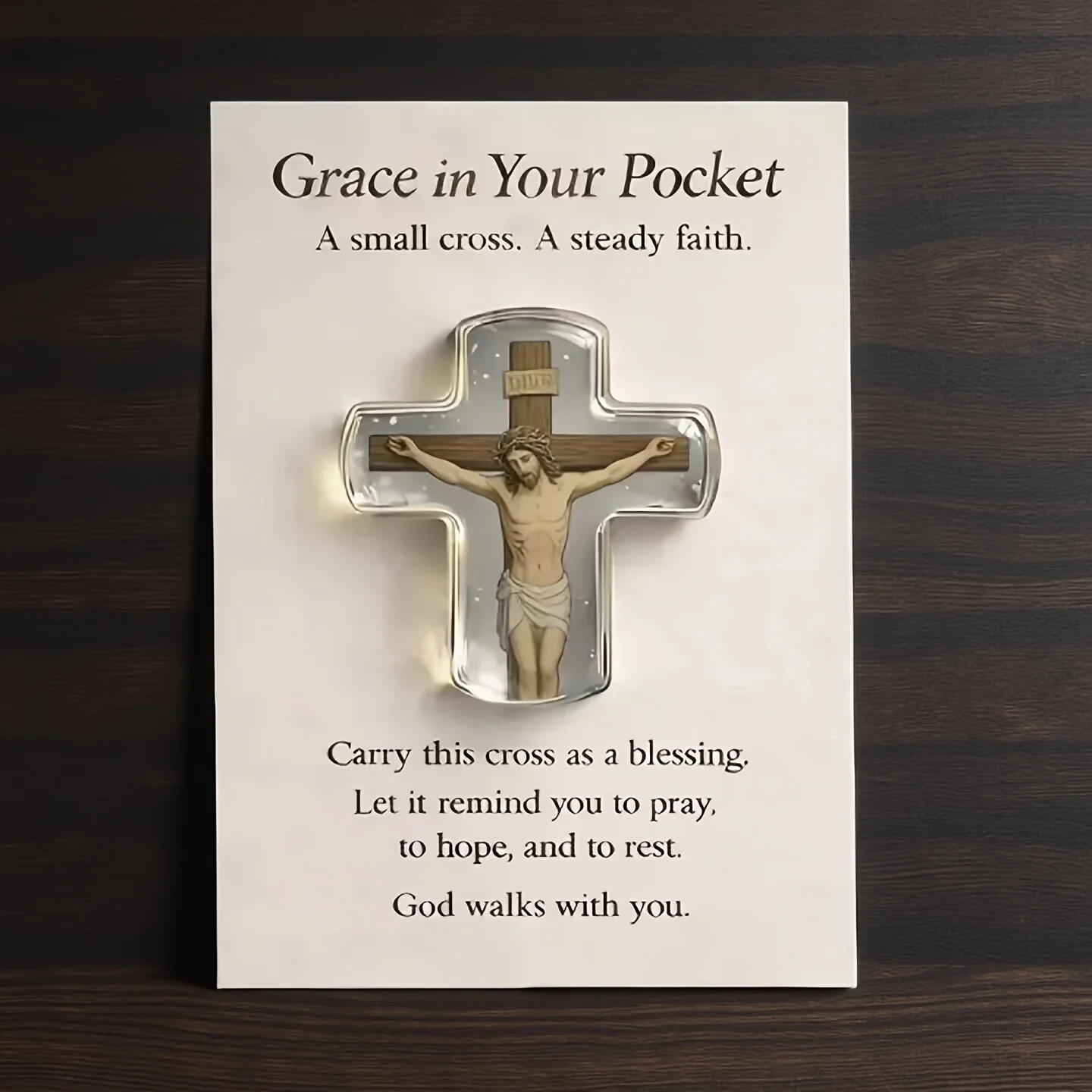Kreuz-Gebets-Deko-Ornament: 2D Jesus-Kreuz-Statue mit ermutigender Grußkarte – Emotionale, inspirierende Karte mit ermutigender Botschaft, Umarmungszeichen, Gottes Trost und heiliger Begleitung –