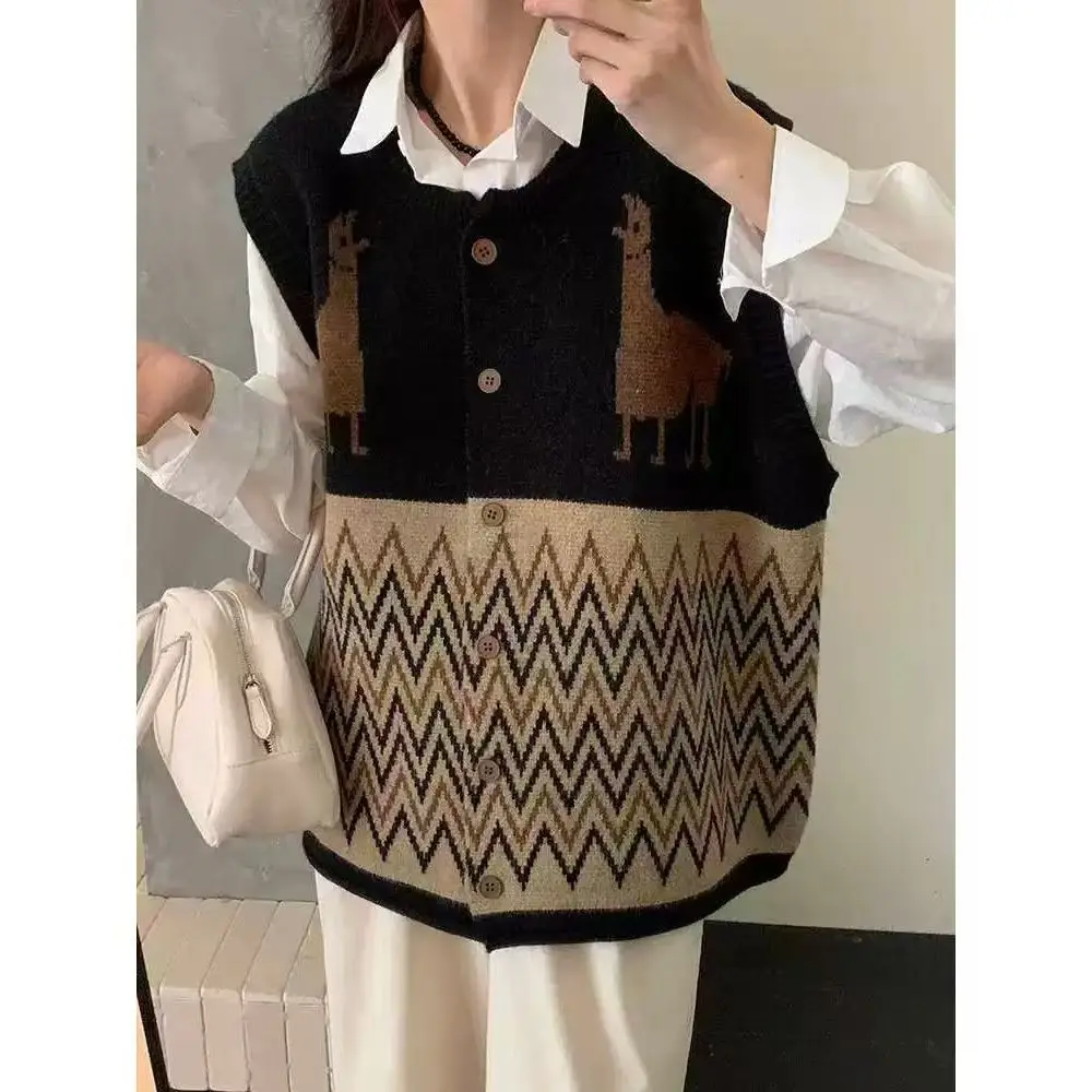 Retro Ethnic Style Cardigan Vest Women's Autumn and Winter New Lazy Style Layered Vest Knitted Sweater