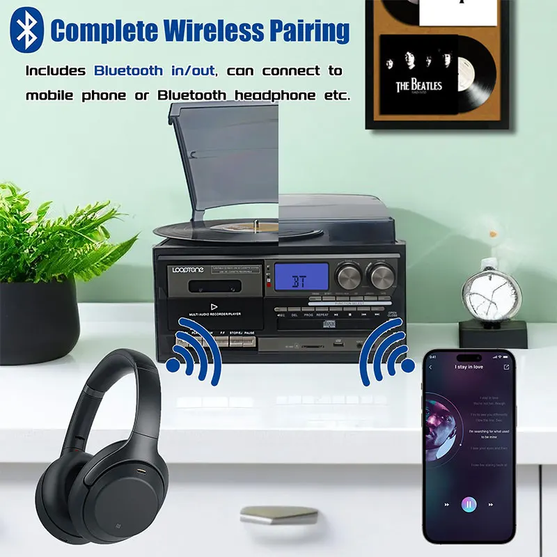 LoopTone 3 سرعات الكل في واحد بلوتوث في/خارج متوافق مع القرص الدوار الفينيل LP مشغل تسجيلات الأقراص المضغوطة الكلاسيكية وراديو FM/AM USB REC