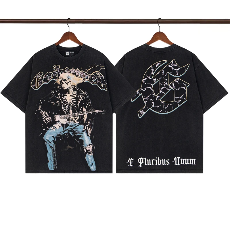 Rock Hip Hop Guitar Skull GOD SPEED TShirts Europe America Trend Men Women Short Sleeve Summer Cotton T-Shirt Oversized Tops