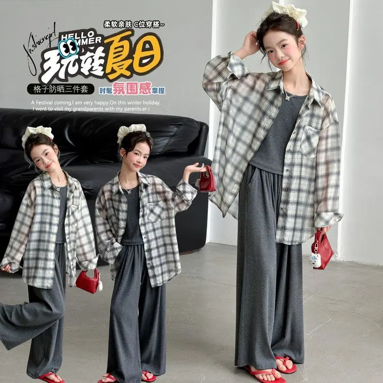 Girls' Sunscreen Set Summer 2026 New Children's Checkered Shirt Tank Top Wide Leg Pants 3-Piece Set Children's Summer