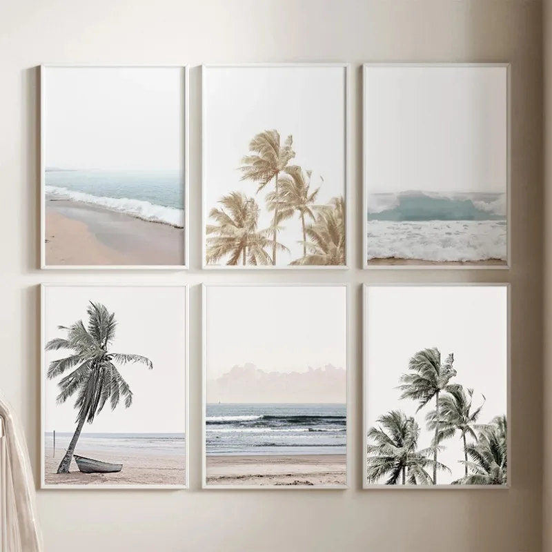 Vintage Tropical Palm Tree Beach Coastal Seascape Photography Poster Canvas Painting Wall Art Pictures Home Dining Room Decor