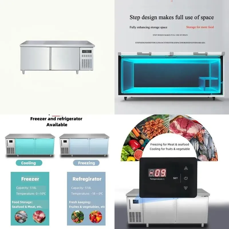 Commercial Refrigerator Bench with Double Cabinet Freezer and Refrigerator Underneath