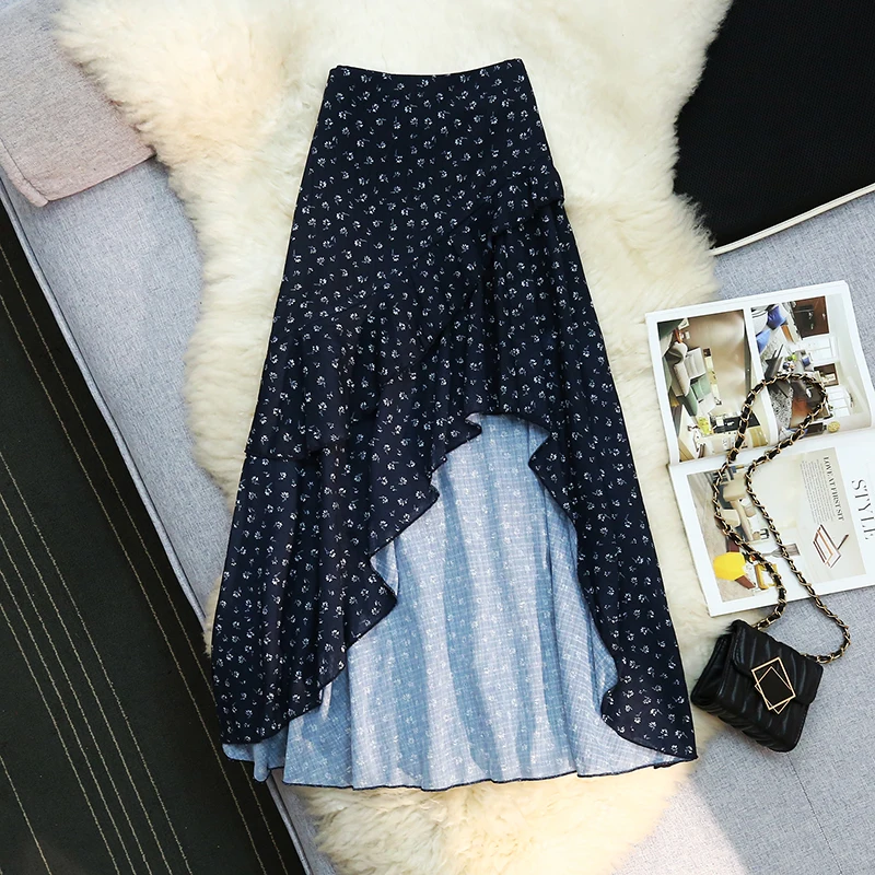 

Casual Holiday Women Print Irregular Skirt Summer Korean New Elegant Flower Basics High Waist Loose Vintage Ruffle Skirts Female