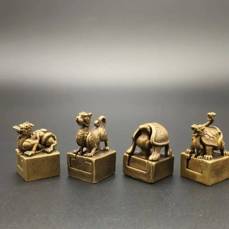Collection Chinese Brass Carved Four Divine Beasts Animal  Seal Exquisite Small Statues