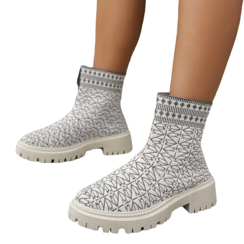 Female Shoes on Sale 2023 Winter Knitted Breathable Women\'s Sock Boots Non-slip Thick-soled Ladies Short Boots Botas De Mujer