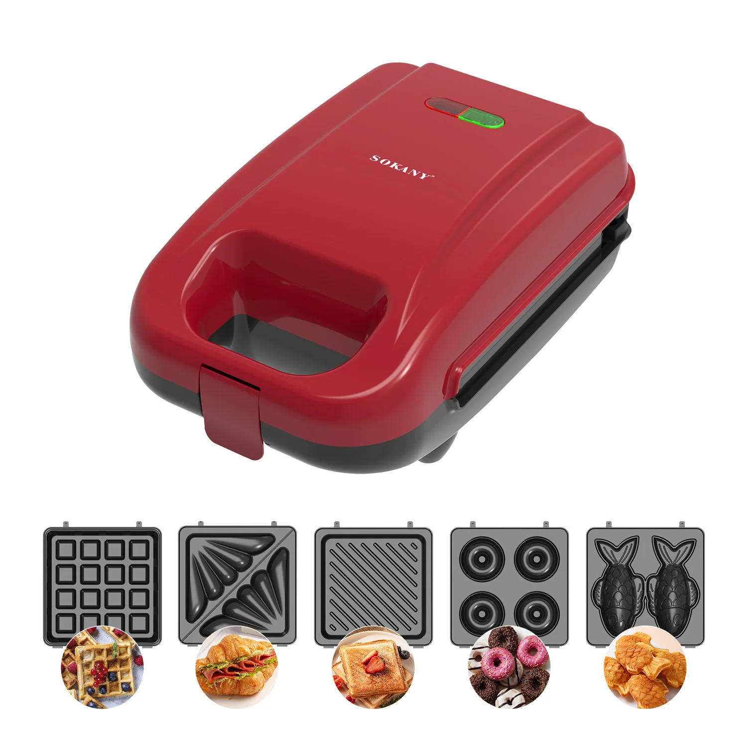 Breakfast Maker 5-in-1 Interchangeable Plate Steak Maker Sandwich Maker Waffle Donut Maker 650W Non-stick Waffle Maker