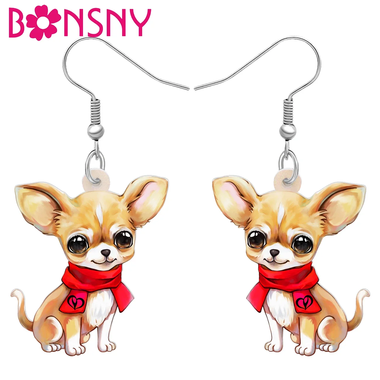 BONSNY Acrylic Scarf Chihuahua Dog Drop Dangle Earrings Christmas Ornament Jewelry Gifts For Women Girls Kids Party Decor