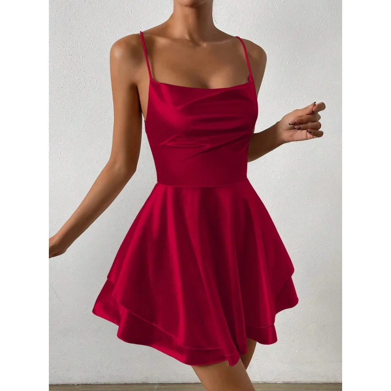 فستان نسائي جديد لربيع وصيف 2025 مثير بدون ظهر وخصر مقصوص من الساتان فستان مكشكش صغير