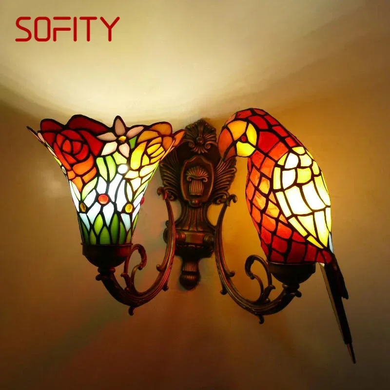 SOFITY Tiffany parrot Wall Lamps American countryside Children's room Homestay Villa Hotel Stained Glass Animal Decoration Lamp