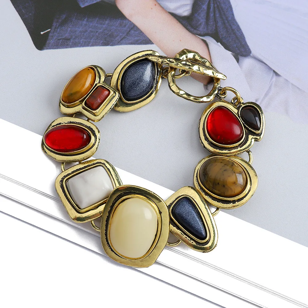 NewTide 성격 기하학 컬러 금속 돌 팔찌 여성 패션 황금 중공 링크 매력 팔찌 파티 Jewerly 선물