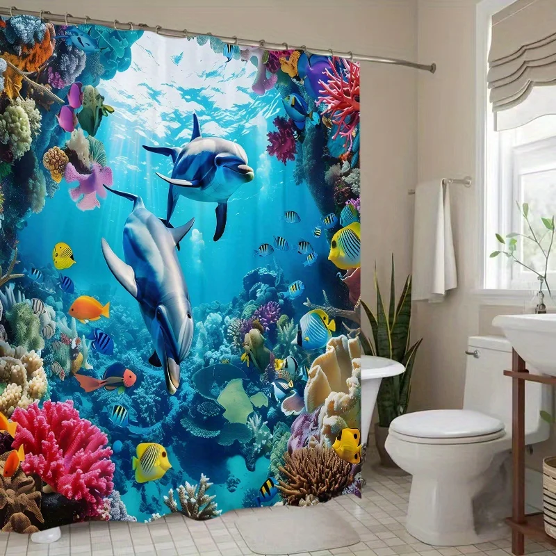 

Dolphin Coral Reef Shower Curtain Ocean Art Bathroom Decor Tropical Fish Underwater Scene Bath Curtains Modern Home Interior