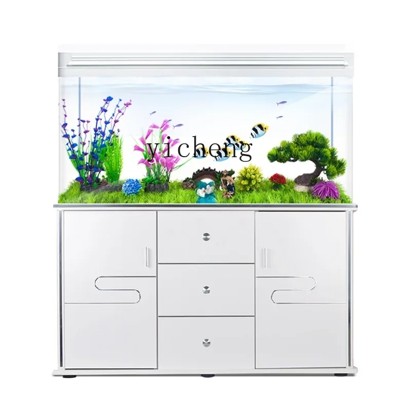 YY Household Ecological Fish Globe Glass Aquarium Landscape Set with Cabinet