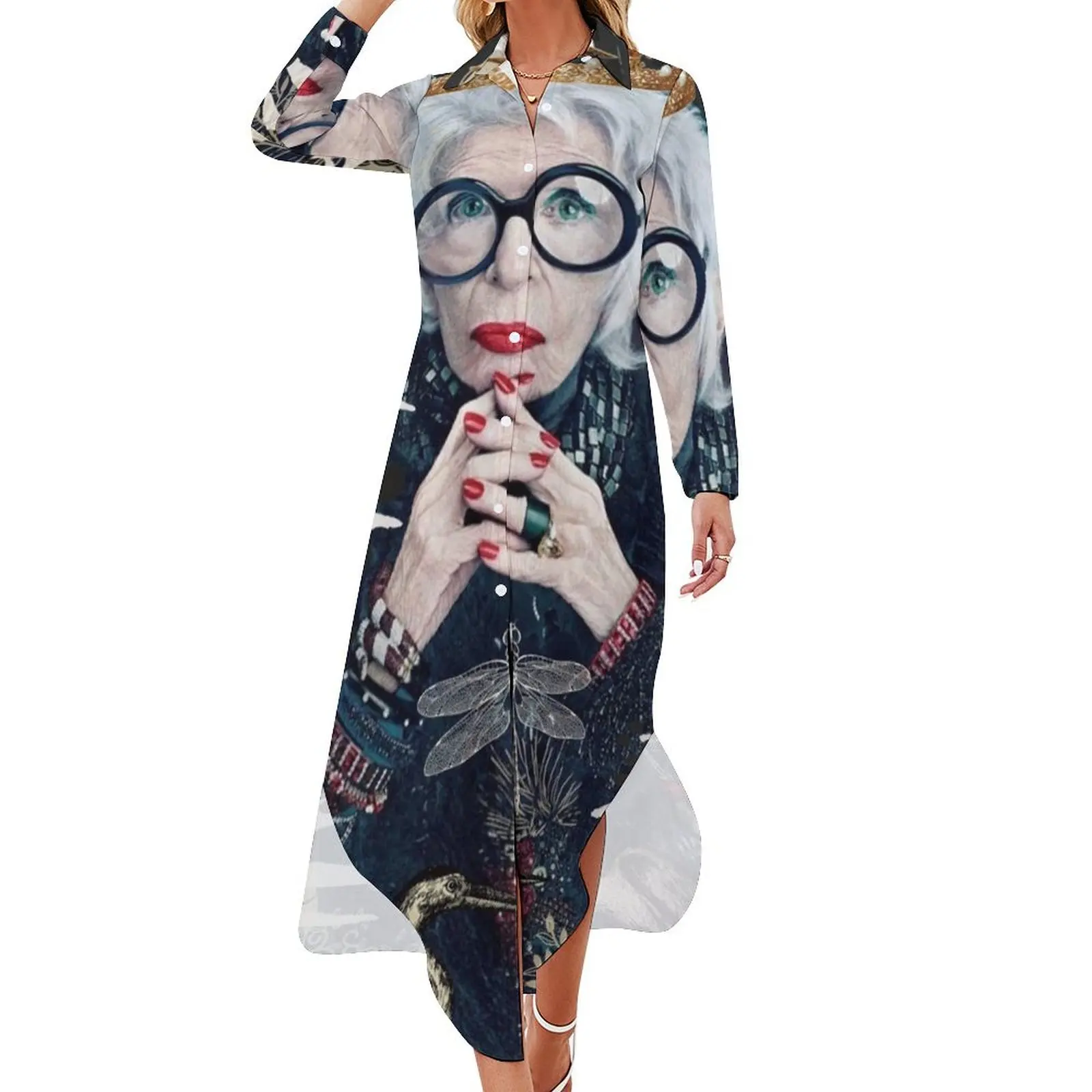 

Iris Apfel Long Sleeved Shirt Dress women's fashion dresses Prom gown