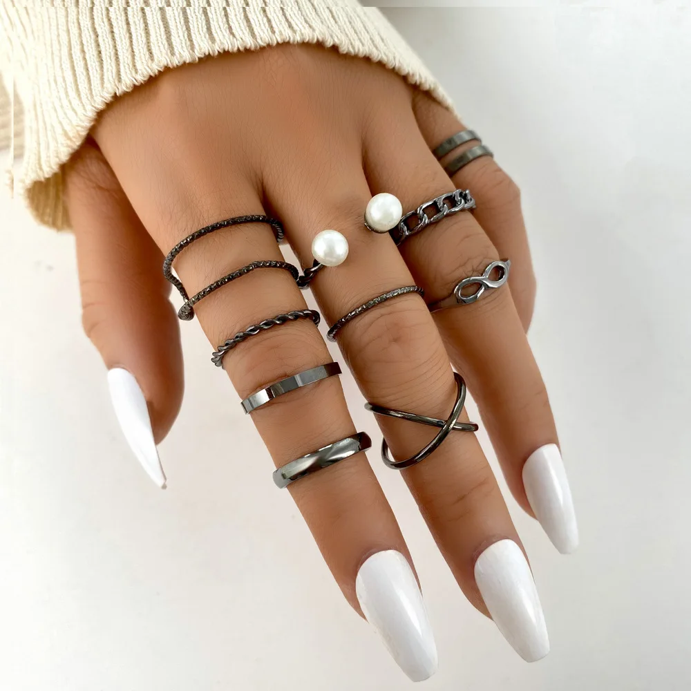 Fashion Women Ring Set Punk Cool Anillos Vintage Pearl Simple Black Joint Rings Sets Women Accessories Jewelry Gifts Party