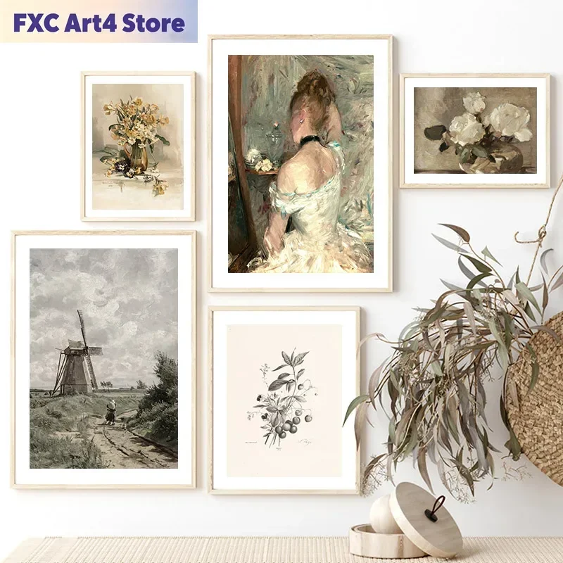 Pósteres de arte de pared sin marco con pintura al óleo vintage, impresiones florales neutras, figuras, molinos de viento y paisajes, estilo rústico para galería.