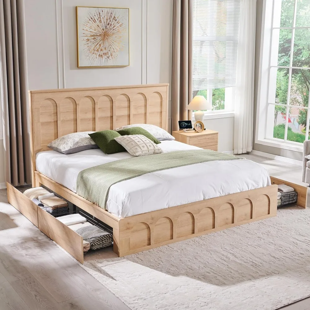 

contemporary king-sized bed frame with four storage drawers, 52-inch high curved headboard, solid wood slat support, silent oper