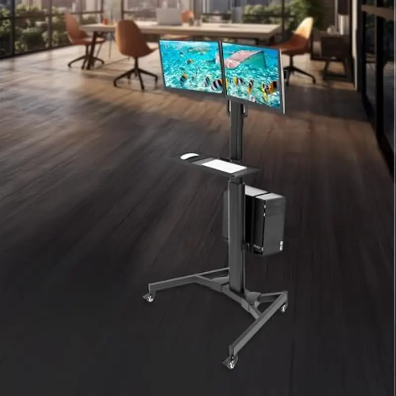Mobile Dual-Screen Workstation on Locking Casters – Adjustable Standing Desk with Full-Motion Monitor Mount, Integrated CPU Hold