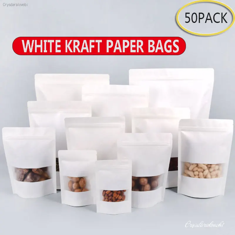 50pcs White Kraft Paper Bags Stand Up Zipper/zip Lock Candy Tea Dried Fruit Gift Packaging Moisture-proof Open Window Pouch