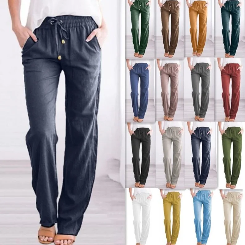 Women Cotton Linen Drawstring Pants Elastic Waist Casual Solid Color Trousers Baggy Loose Straight Leg Breathable Sweatpants