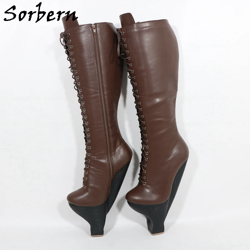 Sorbern Red Matte Hard Shaft Boots For Women Small Heels Knee Hjigh Lace Up Fetish Cosplay Boots Custom Colors