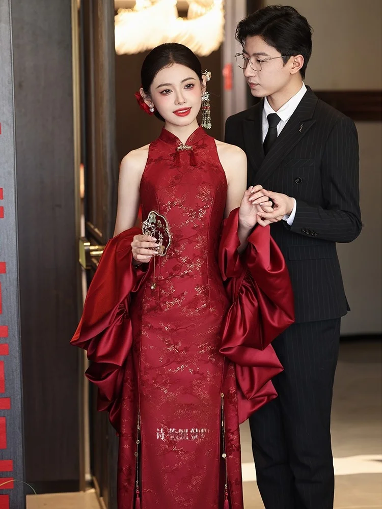 

New Chinese Sle Wedding Dr Long Ne Hanging Red Qipao Cusizable Engagement Ceremony Evening Gown Ele Sensation