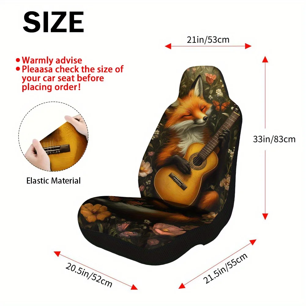 2pcs Fox Playing Guitar Print Car Seat Covers – Universal Front Seat Protectors For Cars, SUVs & Sedans, Durable Design, Easy To
