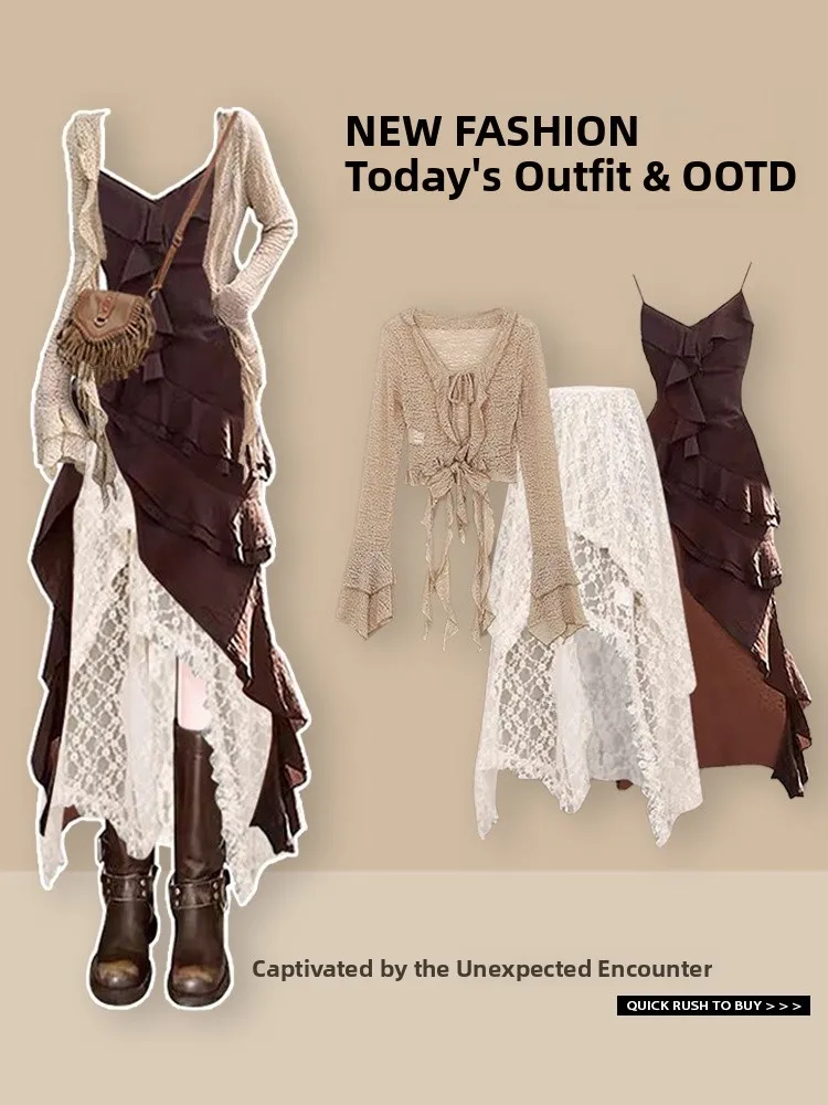 

n Lace High Waist Women's Dr Tee Piece Set Summer Faion Long Sve V Ne Polyester Fiber Ensemble