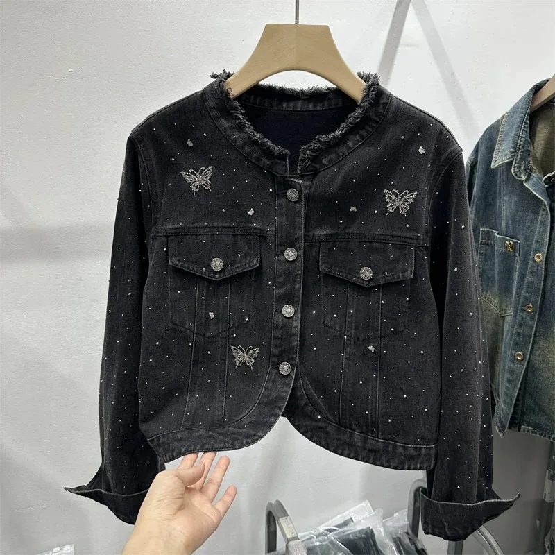 

Heavy Industry Hot Drilling Denim Jackets Woman for 2024 Autumn Looase Black Jeans Outerwear Rough edge Long Sleeve Coats KE8963