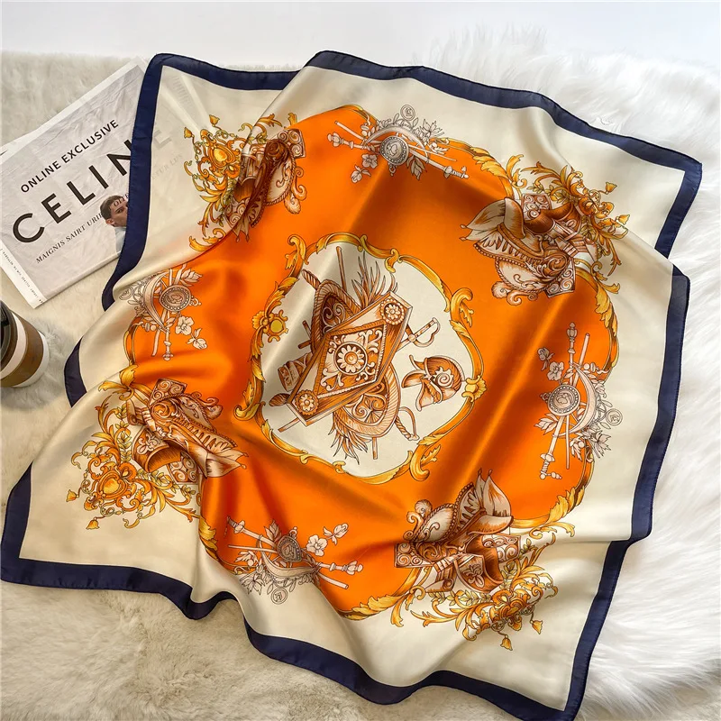 Elegant Women\'s Satin Square Scarf With Orange-Blue Altar Print Imitation Silk Scarf Breathable Windproof Fashion Accessory