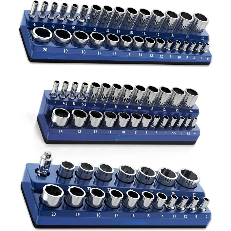 

Magnetic Socket Organizer 3 Piece Socket Holder Kit 1/2-inch, 3/8-inch, 1/4-inch Drive Metric Blue Holds 75 Sockets