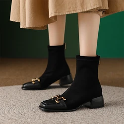 Black Elastic Socks Boots Spring Women's New Square Head Antique Short Boots Chunky Heel Boots Autumn Thick Heel Women's Boot