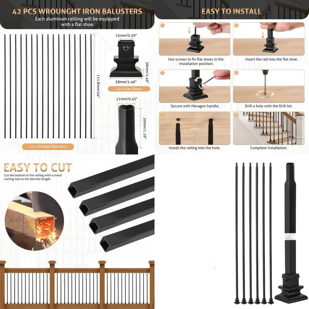 

42 Pack Indoor Staircase Spindles, 44 x 1/2 Square Wrought Iron Balusters, Straight Deck Railing with Baluster Plate Shoes