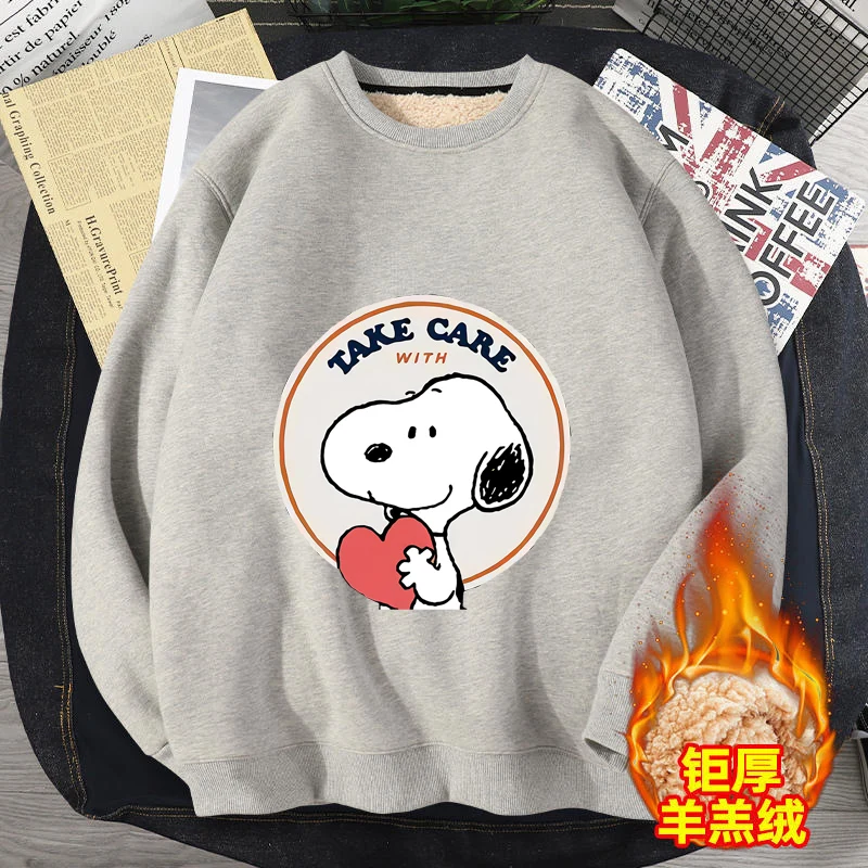 Snoopy Women Fleece Sweatshirt Winter Crew Neck Pullover Ladies Cartoon Thicken Sweatshirt Cute Female Loose Sport  Streetwear