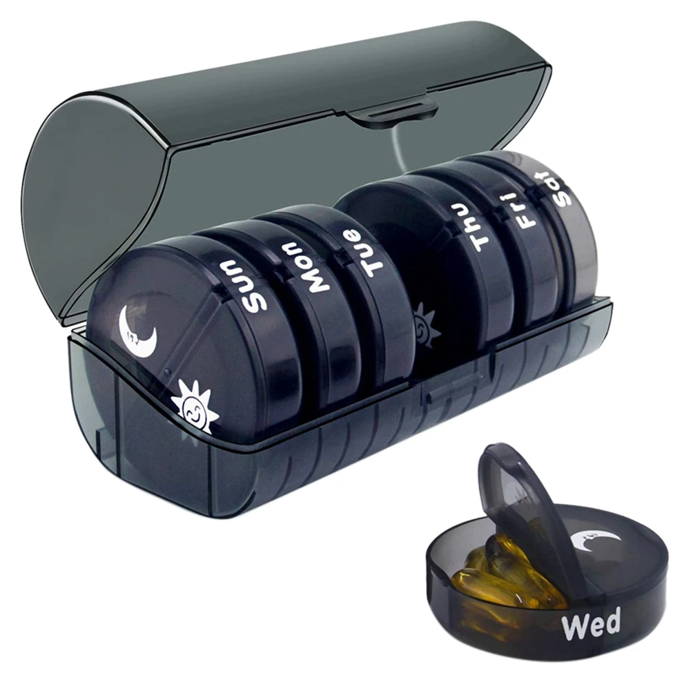 

Daily Pill Organizer (Twice-a-Day) - Weekly AM/PM Pill Box, Round Medicine Organizer, 7 Day Pill Container (Black