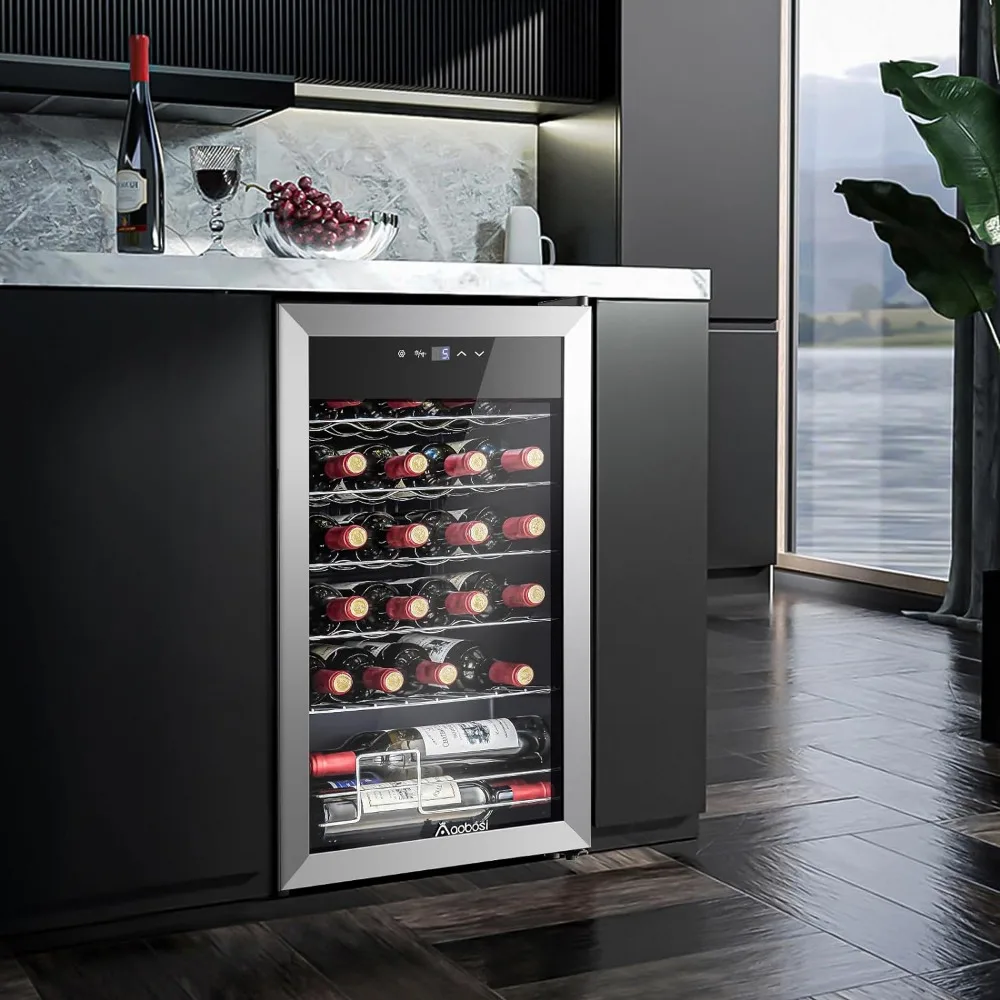 Refrigerador do vinho com aço inoxidável temperado porta de vidro, Compressor Wine Cooler, 24 garrafas, vermelho