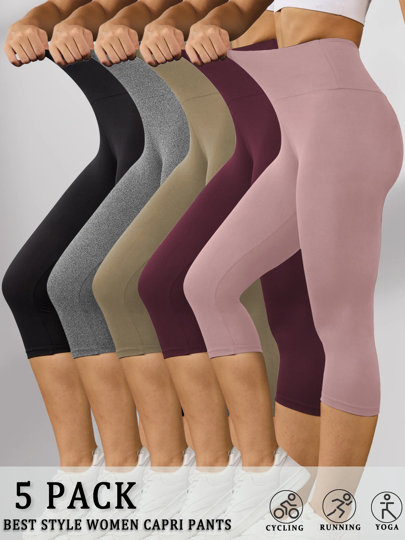 

5 Pack Women's High Waisted Capri Pants Super Soft No See Through Workout Yoga Running Athletic Push Up Gym Leggings