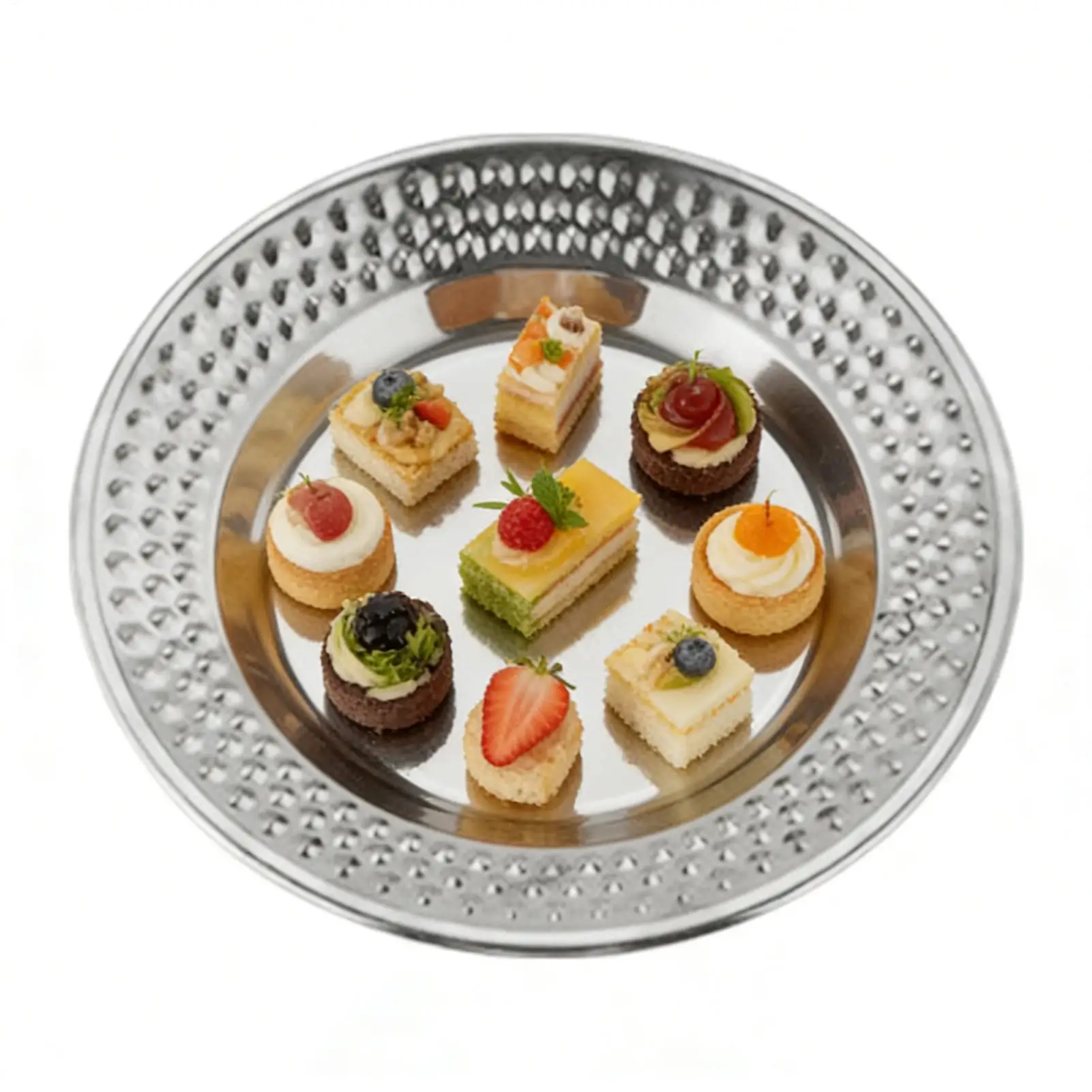 Stainless Steel Round Hammered Dinner Plate Mirror Polishs Tray Metal Plates Banquet Plate Snack Dishes Fruit Plate Dishes Tray