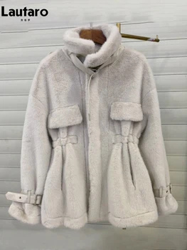 Kadınlar için Lautaro-Sahte Vizon Kürk Ceket, Uzun Kollu, Fermuar İpli, Kabarık Ceket, Yumuşak, Sıcak, Bol, Lüks Tasarımcı, Kış