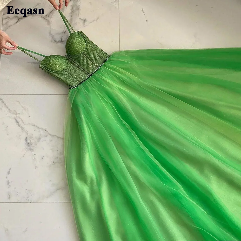 

Eeqasn Glitter Emerald Green Tulle Short Prom Gowns Tea Length A Line Saudi Arabia Graduation Dress Bead Homecoming Party Gowns