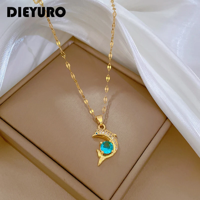 DIEYURO 316L Stainless Steel Blue Zircon Dolphin Pendant Necklace For Women New Luxury Girls Clavicle Chain Jewelry Accessories