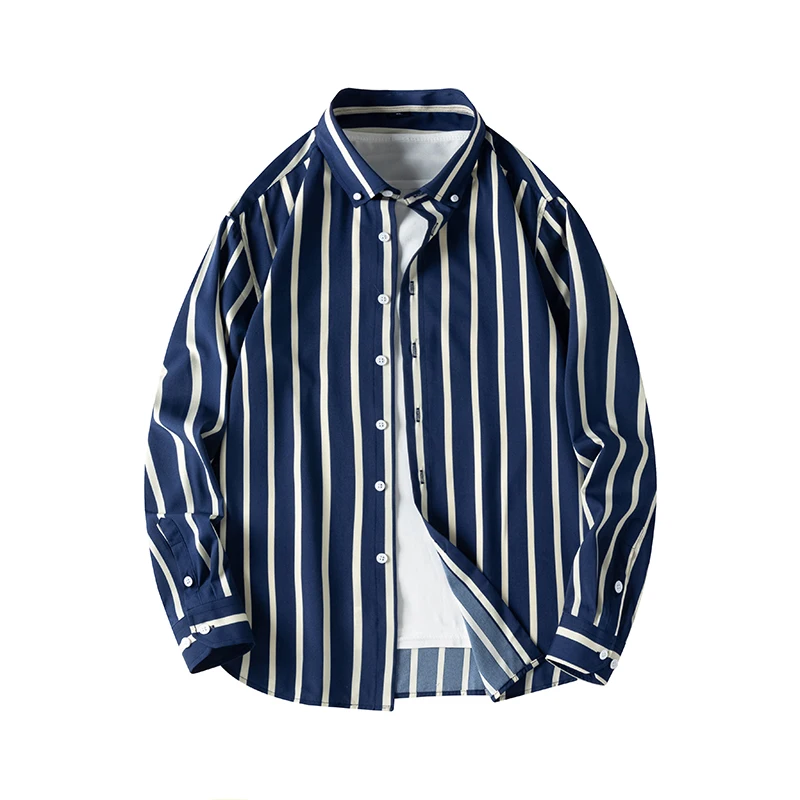 Spring Autumn Men's Striped Turn-down Collar Long Sleeve Button Cardigan Shirt Coats Casual Loose Office Lady Vintage Tops