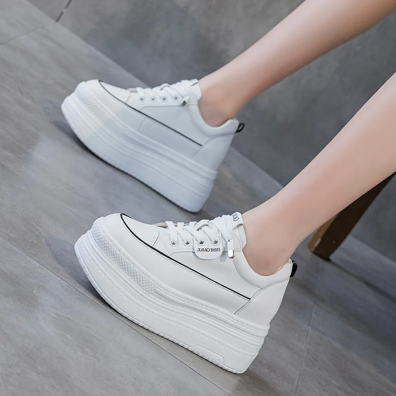 

2025 New Genuine Leather white Platform Chunky Heels Women Sneakers White Lace Up Sewing Running Fashion Trainer Sport Shoes