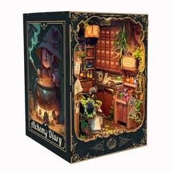 DIY Wooden Book Nook Alchemy Diary Figurines Miniatures Bookend Handmade Bookshelf With Light for Friends Gift Home Decor Crafts