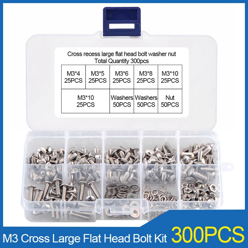 300PCS M3 304 Stainless Steel Cross Recess Large Flat Round Head Machine Screws Kit Phillips Bolt with Washers Nut Set