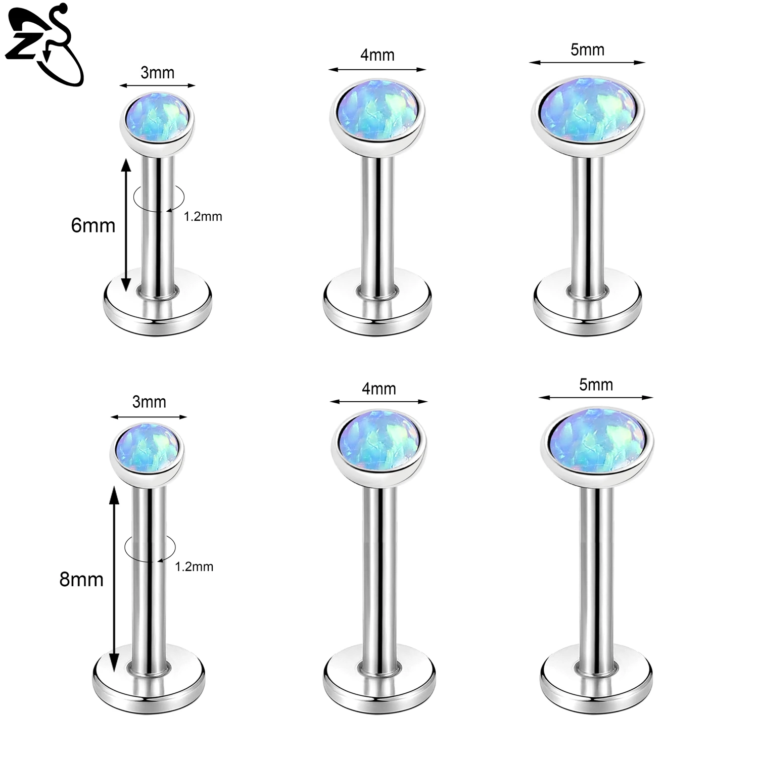 16G Stainless Steel Opal Lip Stud, Internal Thread
